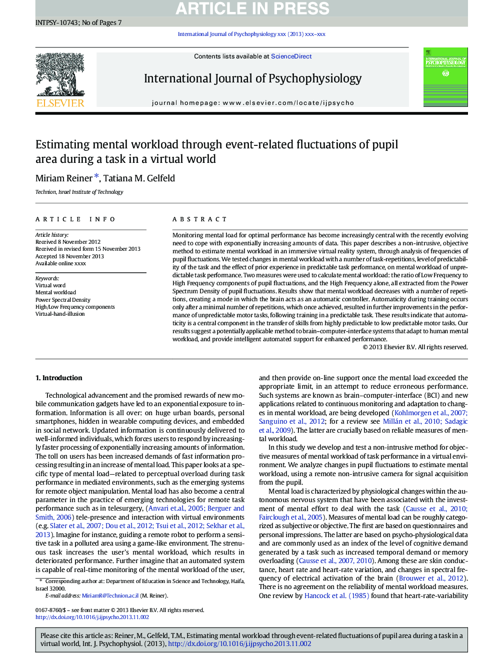 Estimating mental workload through event-related fluctuations of pupil area during a task in a virtual world