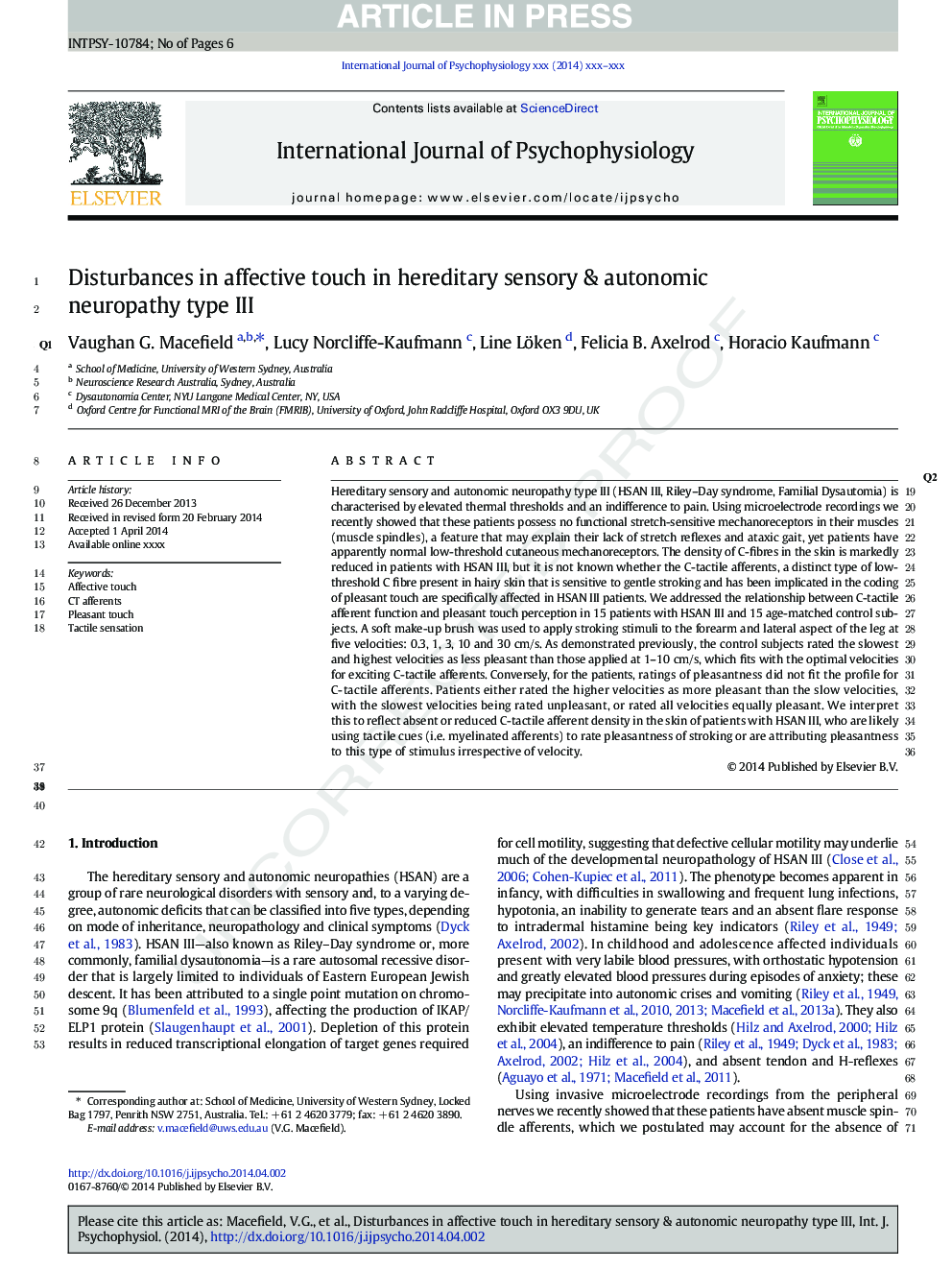 Disturbances in affective touch in hereditary sensory & autonomic neuropathy type III