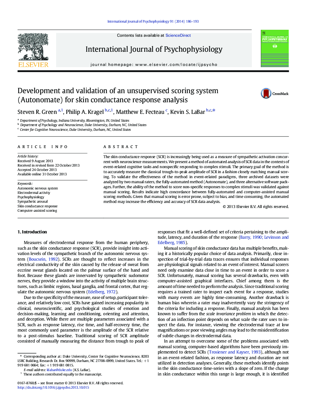 Development and validation of an unsupervised scoring system (Autonomate) for skin conductance response analysis