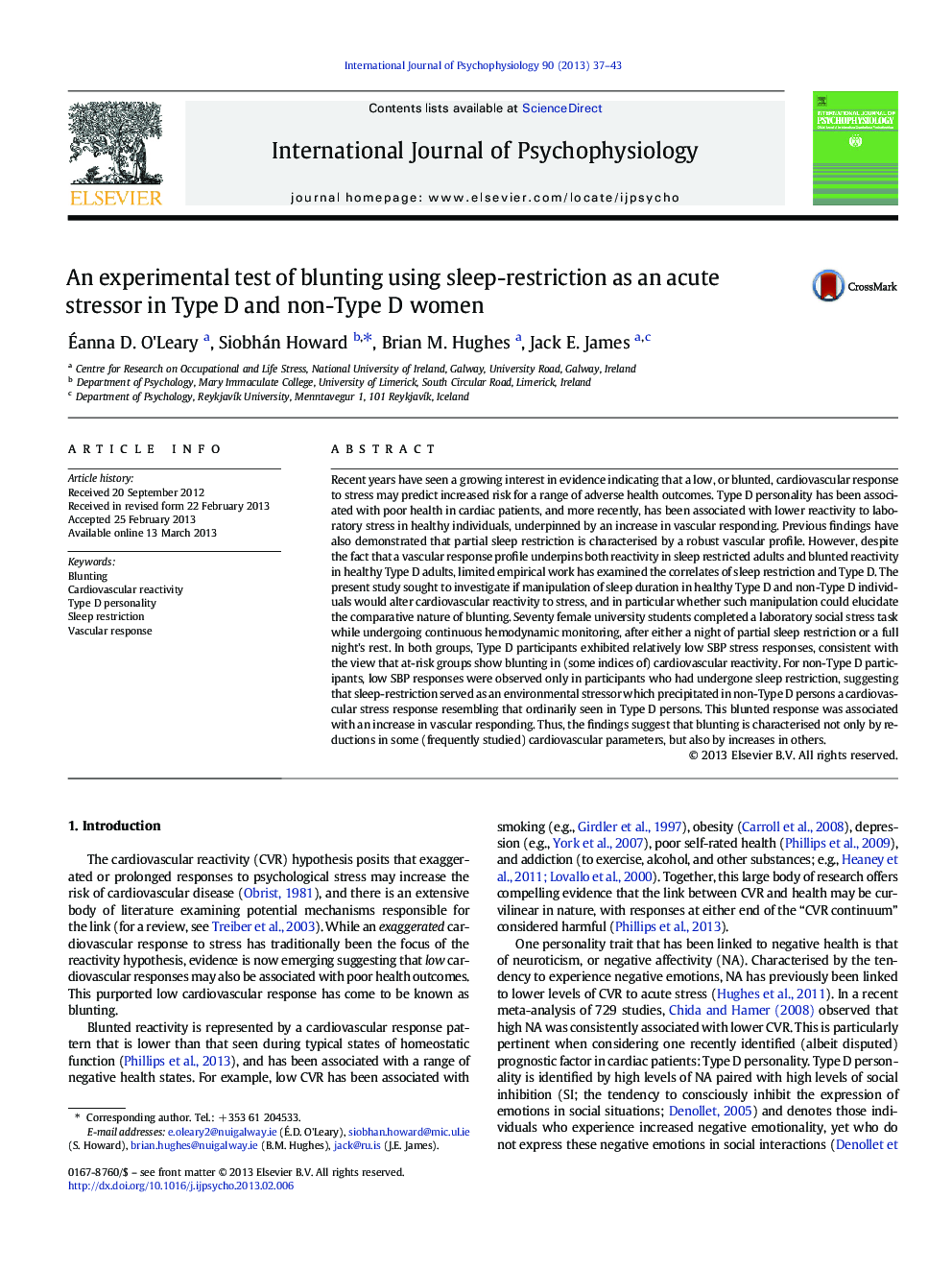 An experimental test of blunting using sleep-restriction as an acute stressor in Type D and non-Type D women