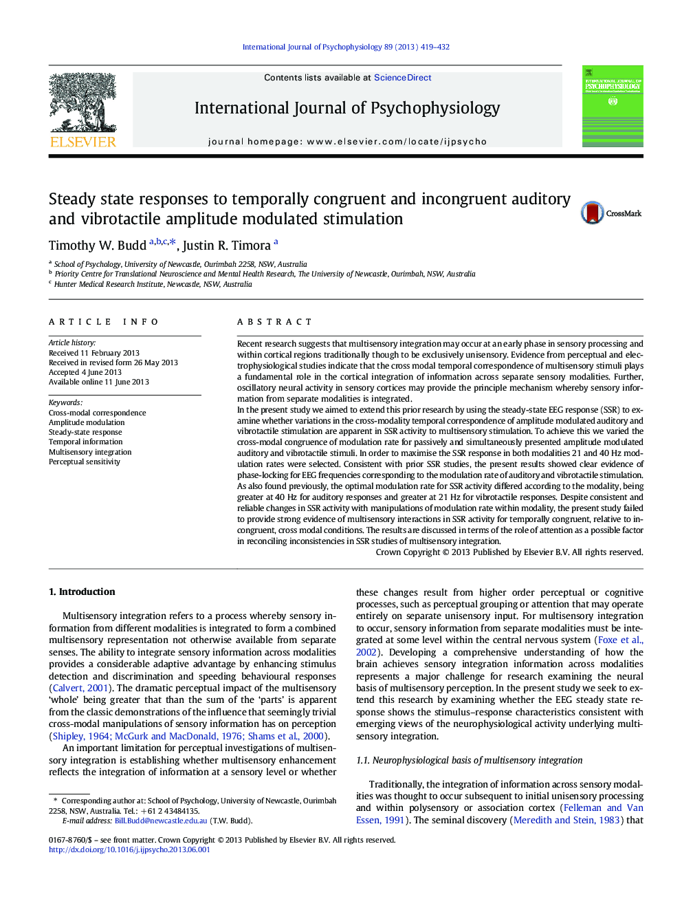 Steady state responses to temporally congruent and incongruent auditory and vibrotactile amplitude modulated stimulation