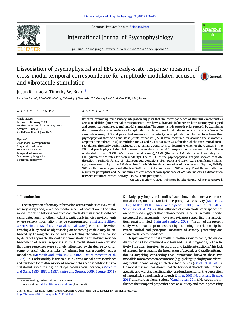 Dissociation of psychophysical and EEG steady-state response measures of cross-modal temporal correspondence for amplitude modulated acoustic and vibrotactile stimulation