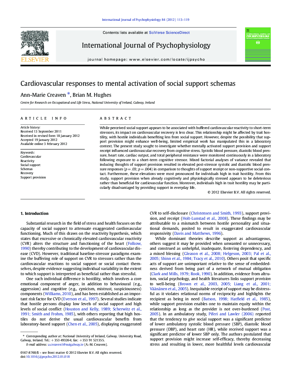 Cardiovascular responses to mental activation of social support schemas