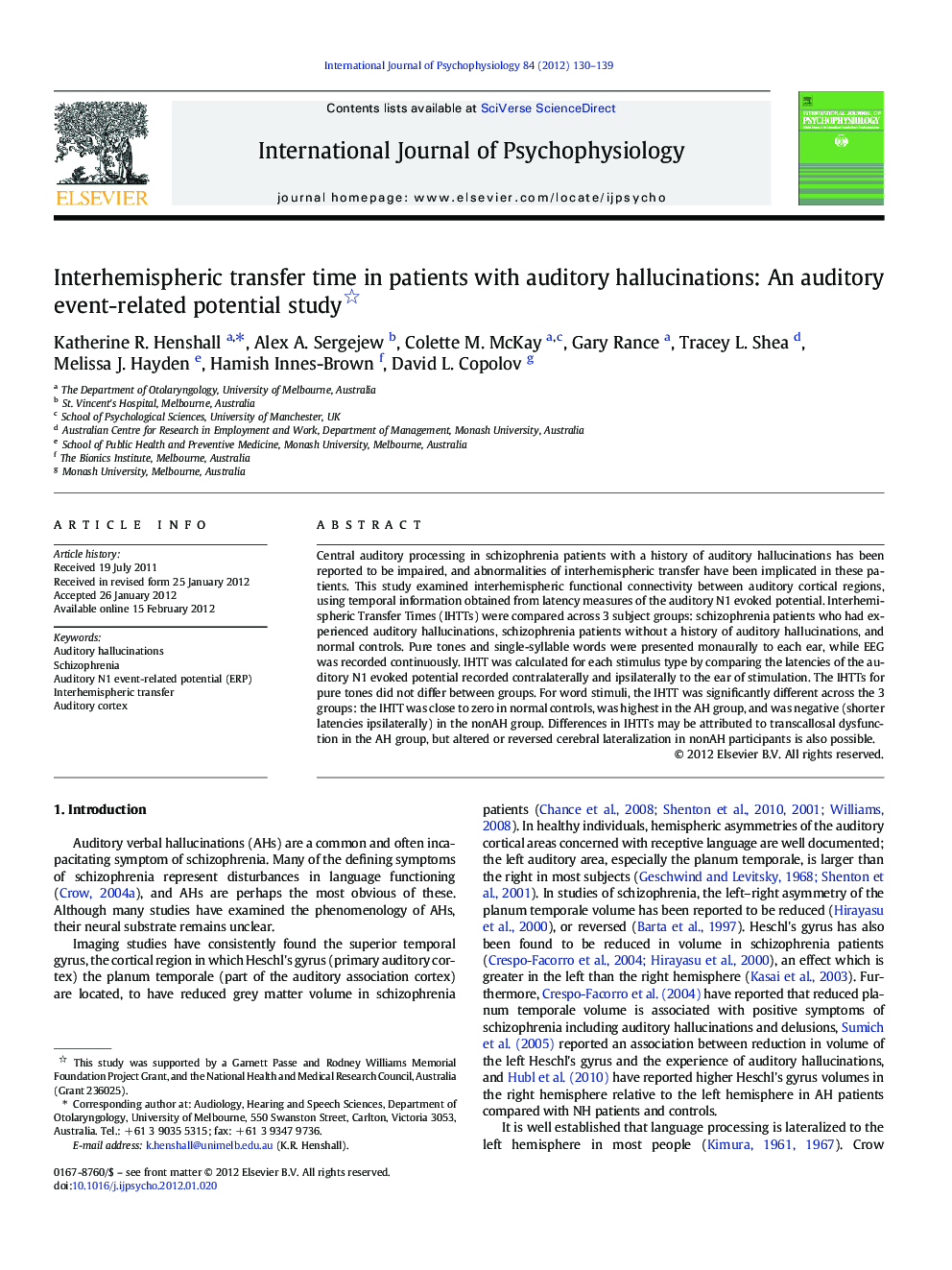 Interhemispheric transfer time in patients with auditory hallucinations: An auditory event-related potential study