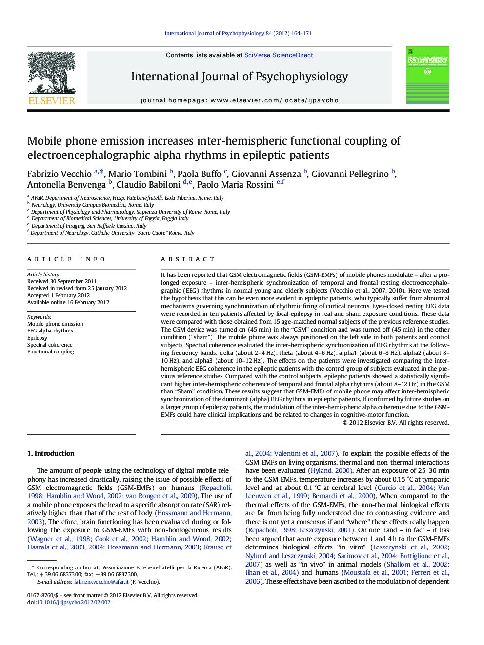 Mobile phone emission increases inter-hemispheric functional coupling of electroencephalographic alpha rhythms in epileptic patients