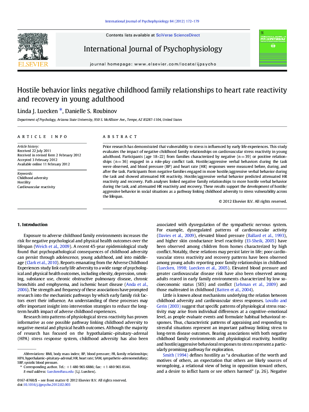 Hostile behavior links negative childhood family relationships to heart rate reactivity and recovery in young adulthood