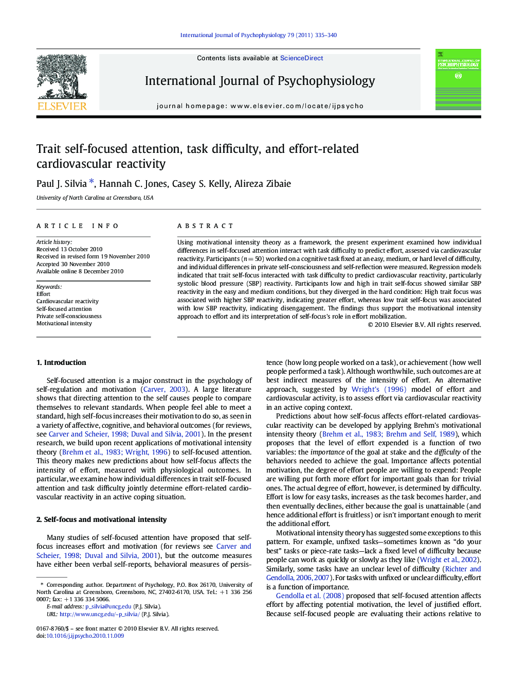 Trait self-focused attention, task difficulty, and effort-related cardiovascular reactivity