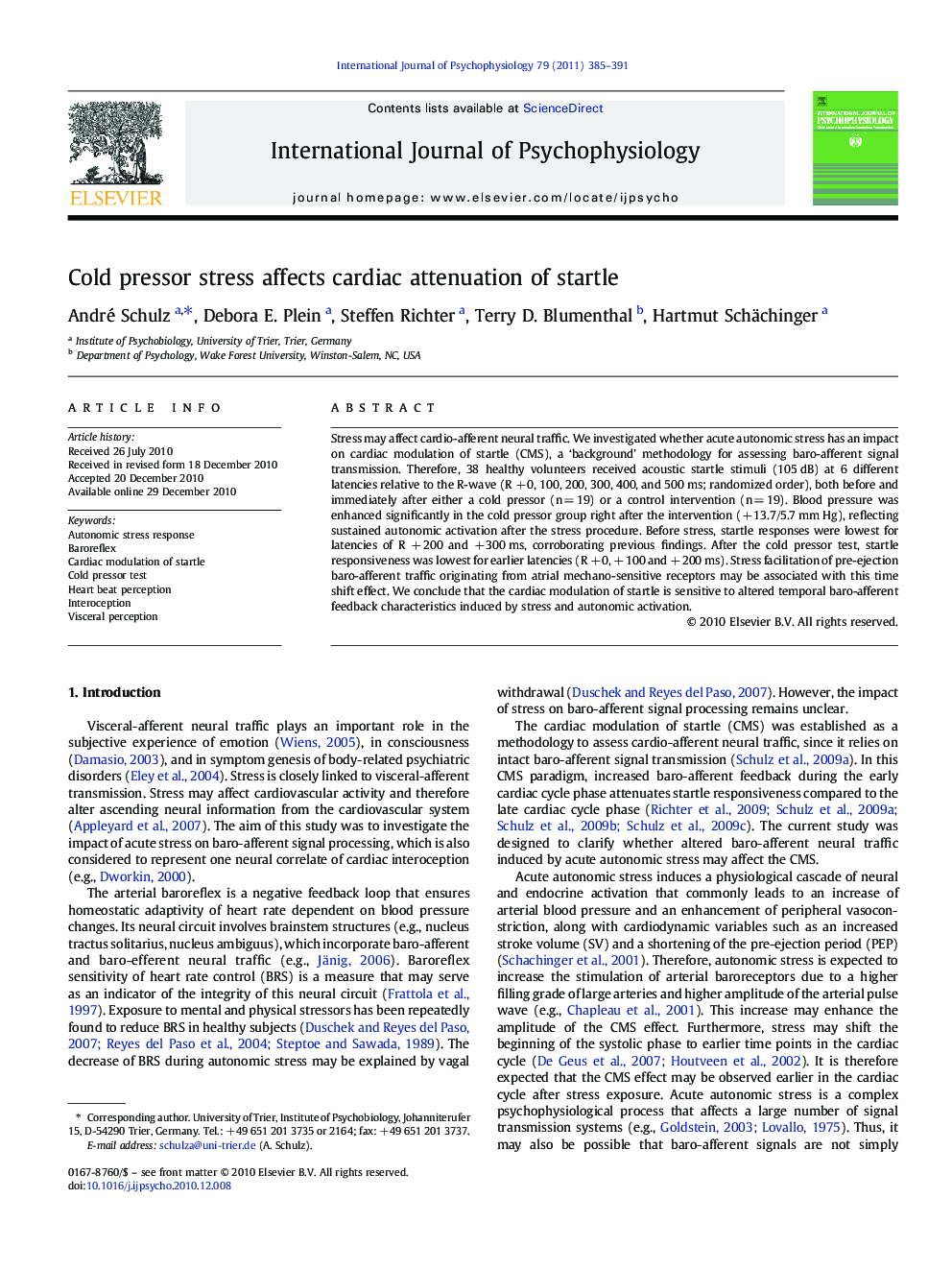 Cold pressor stress affects cardiac attenuation of startle