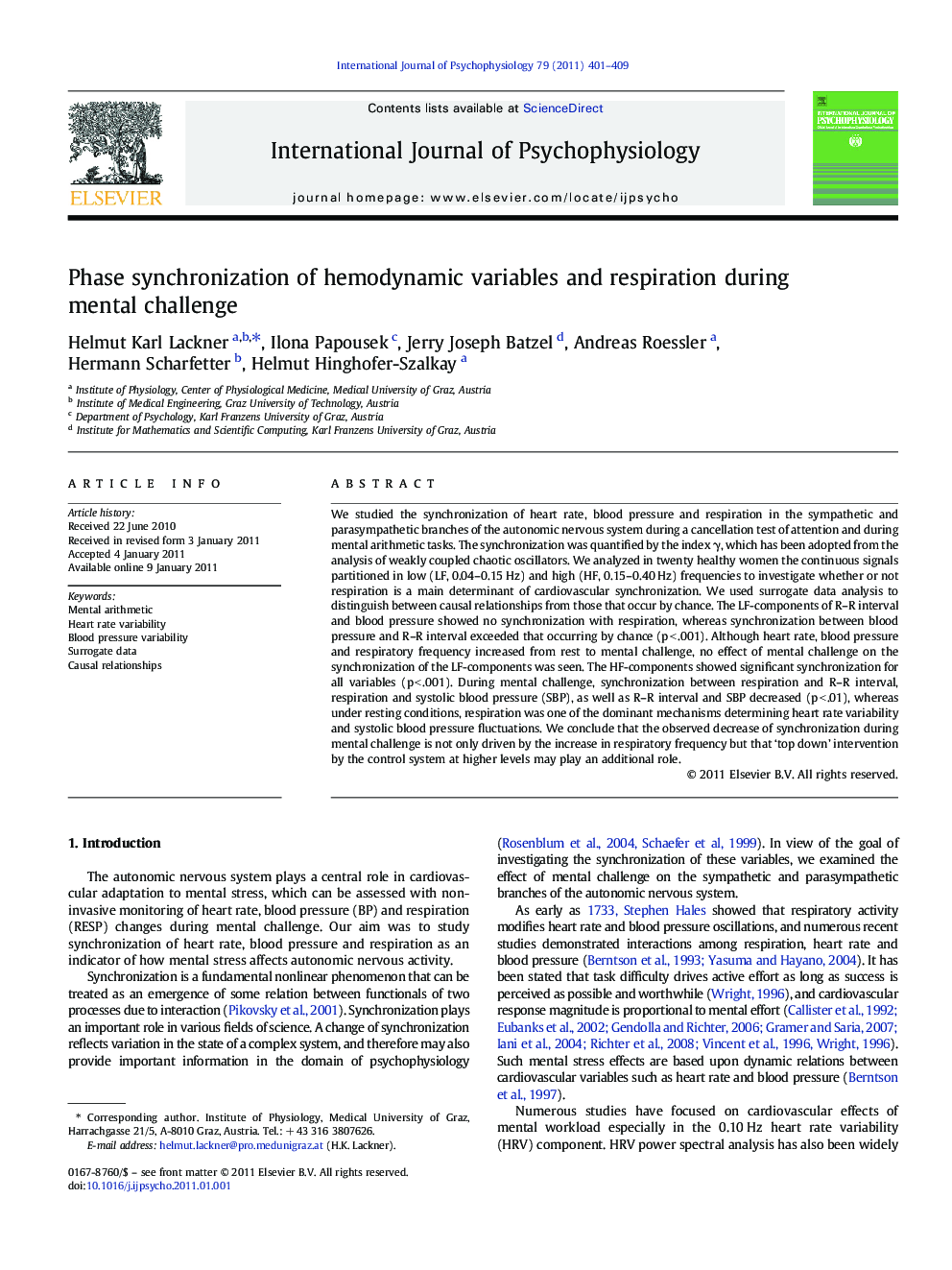 Phase synchronization of hemodynamic variables and respiration during mental challenge