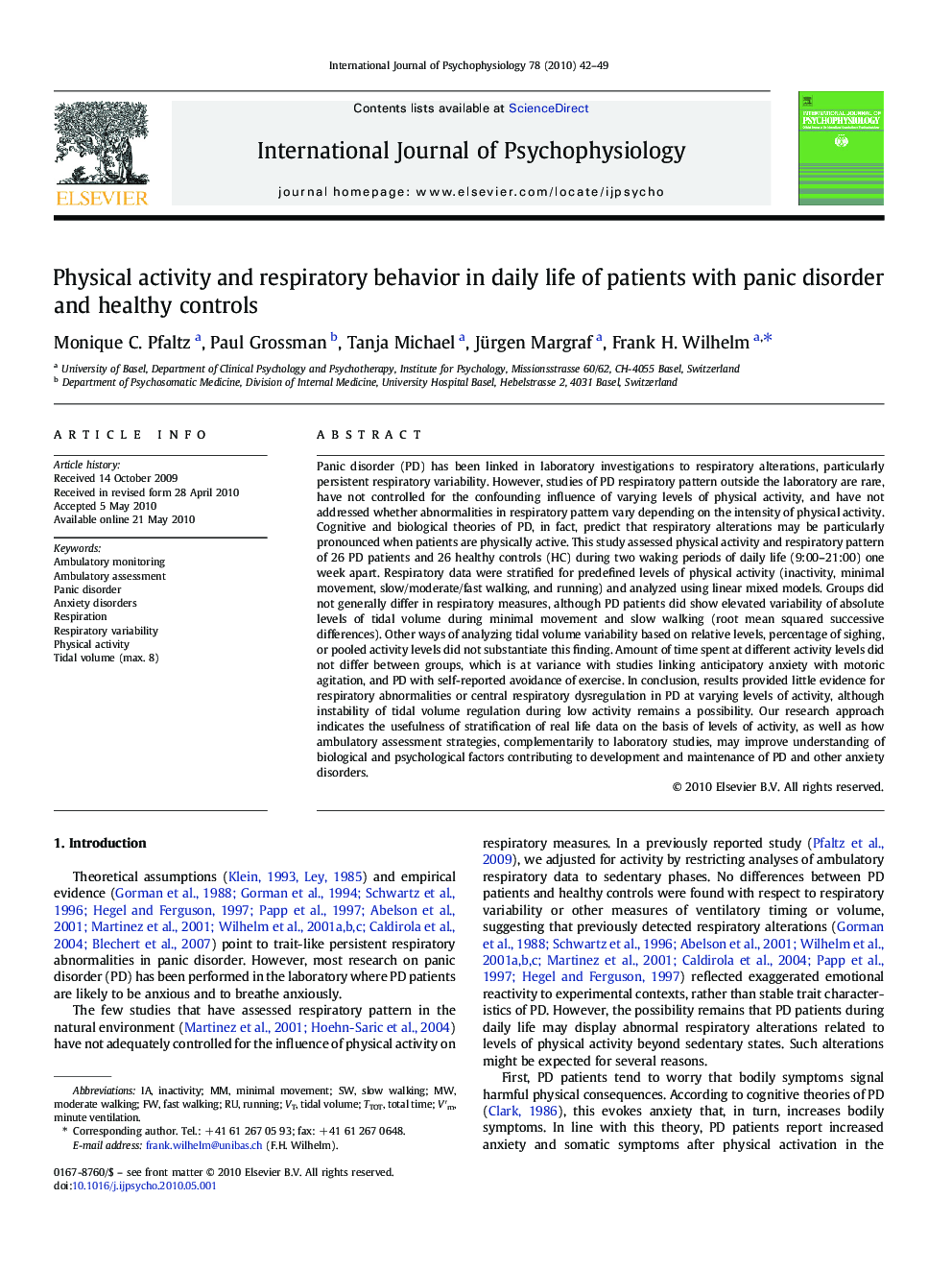 عکس صفحه اول مقاله: Physical activity and respiratory behavior in daily life of patients with panic disorder and healthy controls Physical activity and respiratory behavior in daily life of patients with panic disorder and healthy controls