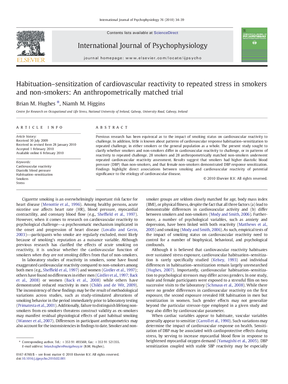 Habituation-sensitization of cardiovascular reactivity to repeated stress in smokers and non-smokers: An anthropometrically matched trial