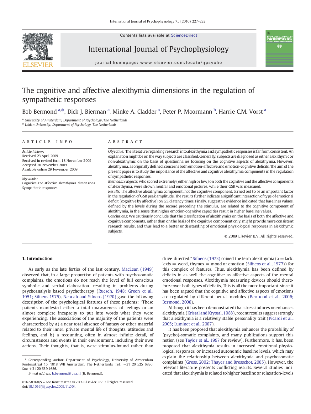 The cognitive and affective alexithymia dimensions in the regulation of sympathetic responses