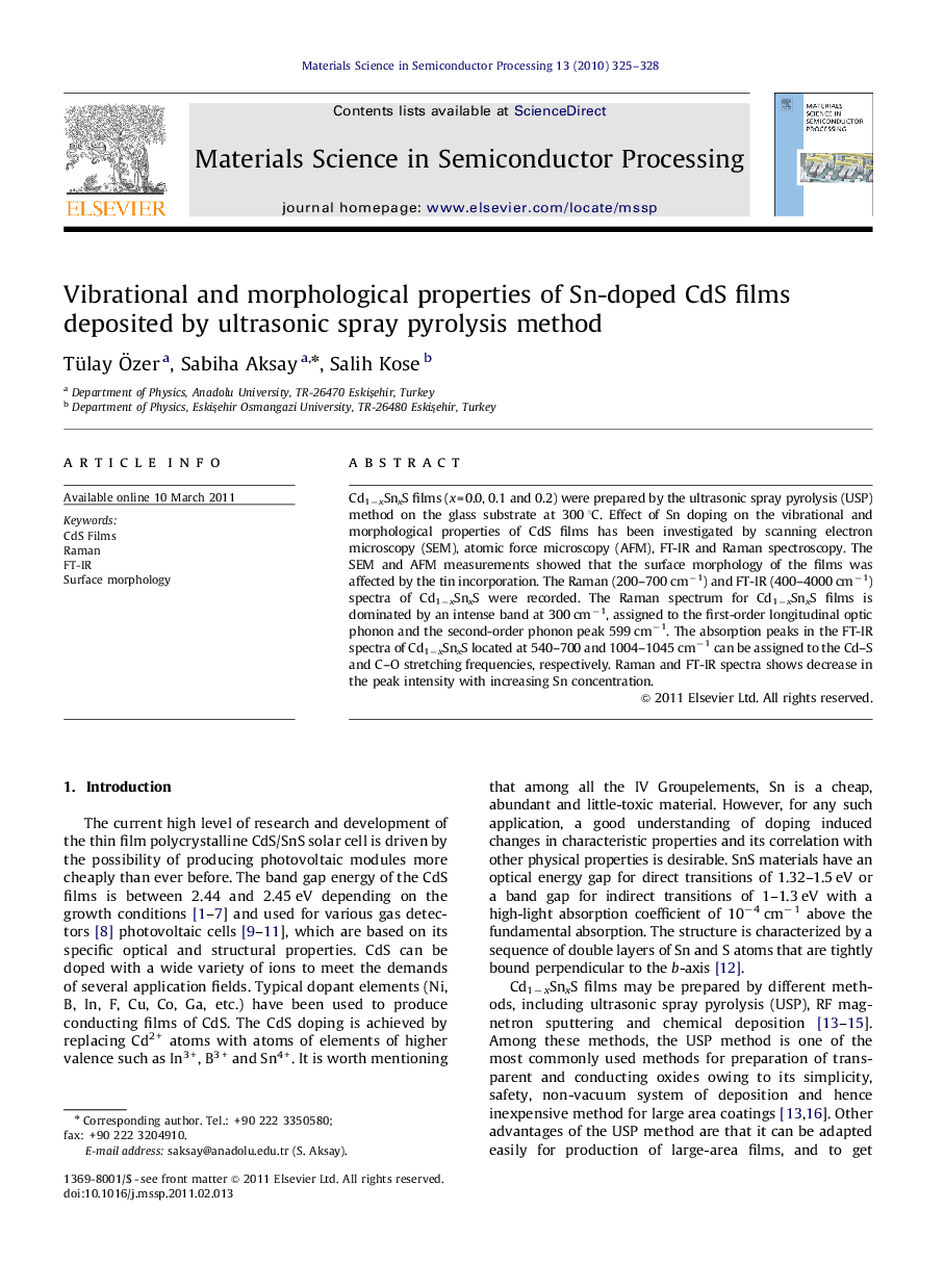 Vibrational and morphological properties of Sn-doped CdS films deposited by ultrasonic spray pyrolysis method