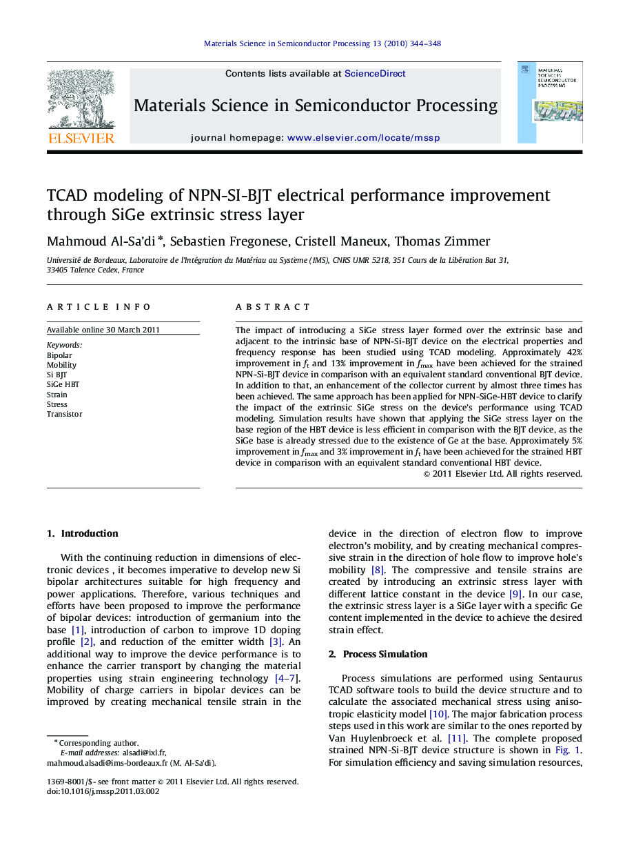 TCAD modeling of NPN-SI-BJT electrical performance improvement through SiGe extrinsic stress layer