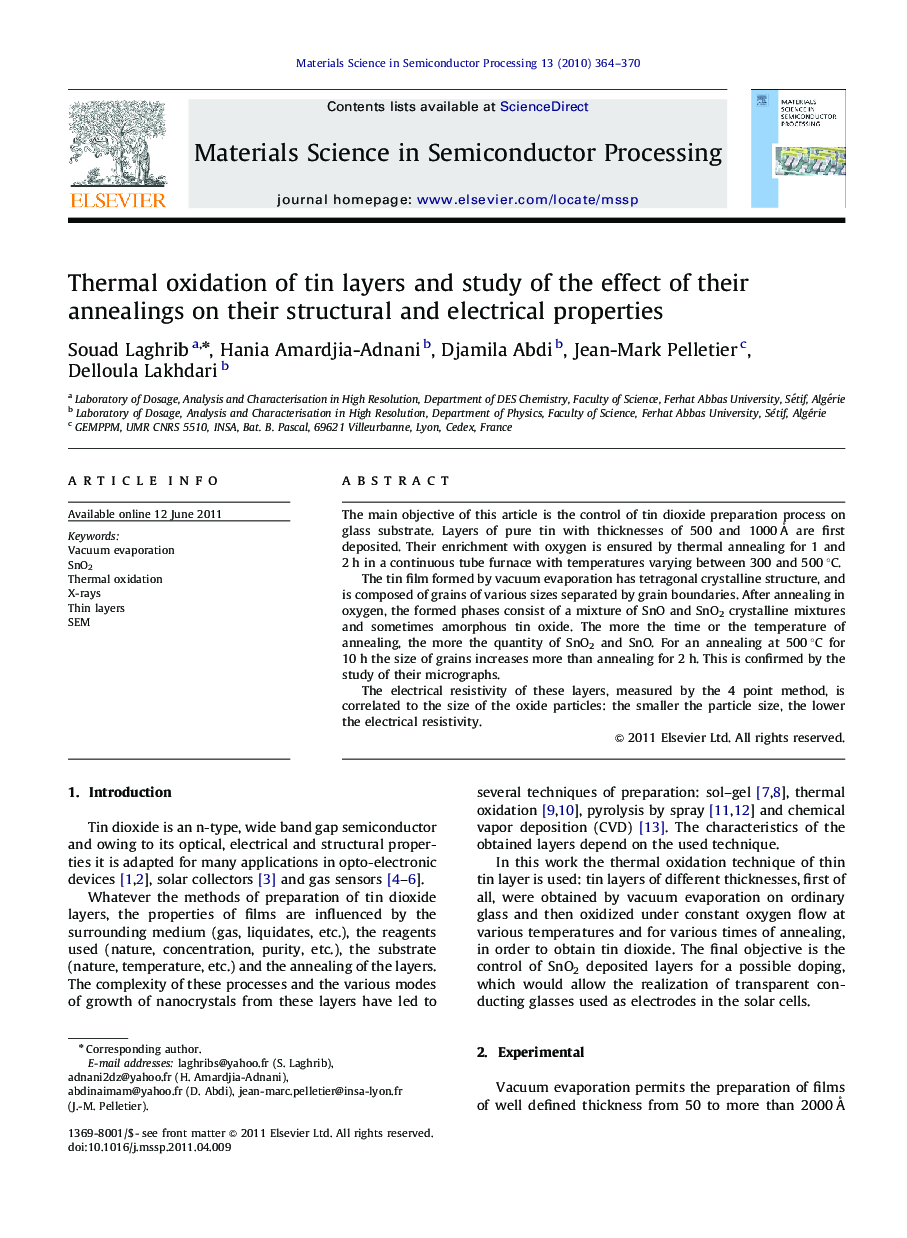 Thermal oxidation of tin layers and study of the effect of their annealings on their structural and electrical properties