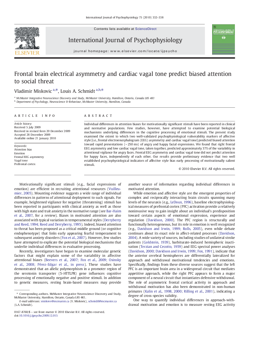 Frontal brain electrical asymmetry and cardiac vagal tone predict biased attention to social threat