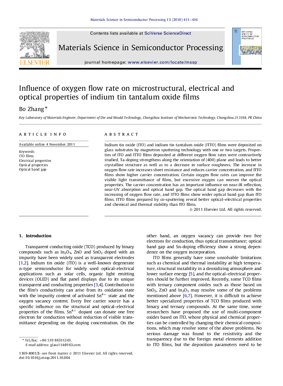 Influence of oxygen flow rate on microstructural, electrical and optical properties of indium tin tantalum oxide films