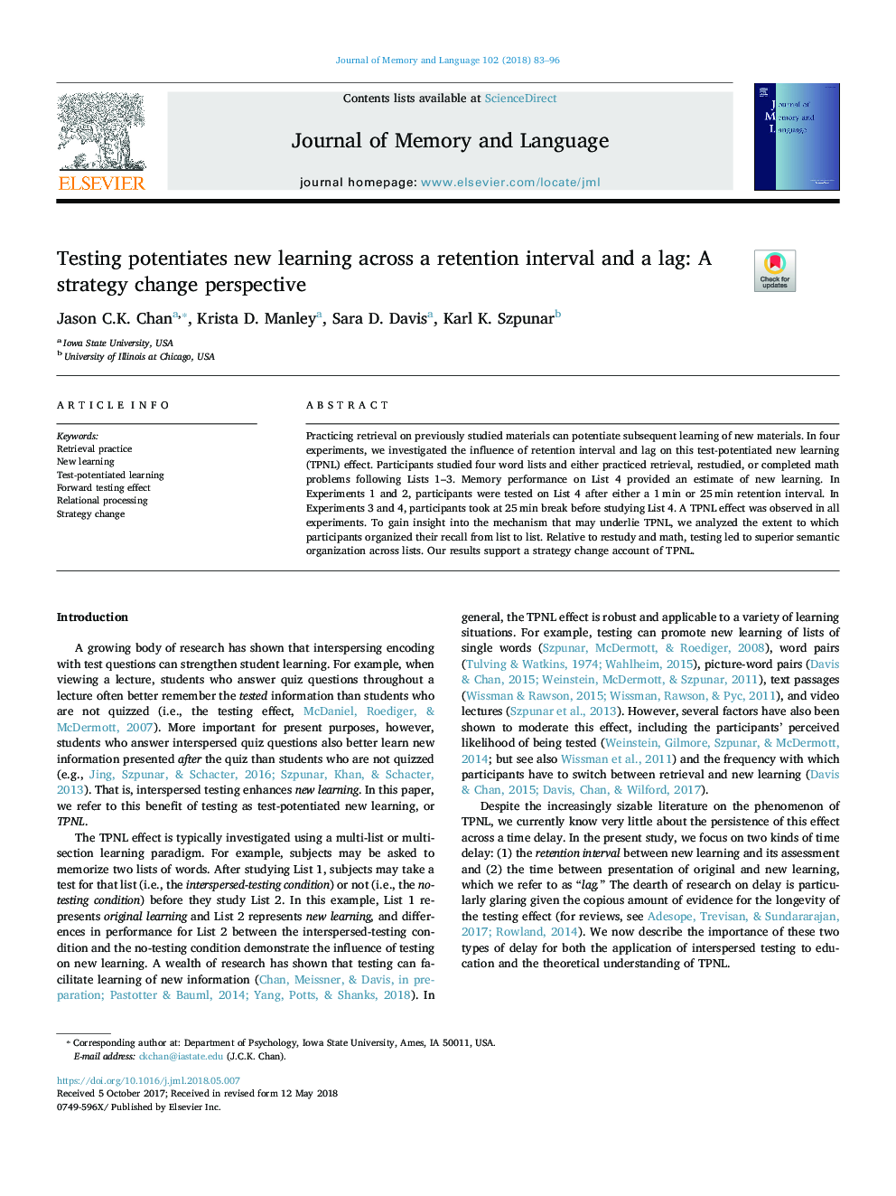 Testing potentiates new learning across a retention interval and a lag: A strategy change perspective