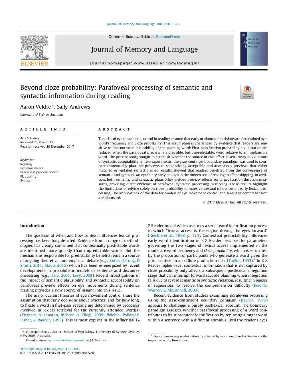 Beyond cloze probability: Parafoveal processing of semantic and syntactic information during reading