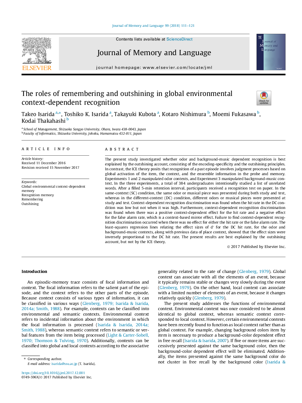 The roles of remembering and outshining in global environmental context-dependent recognition