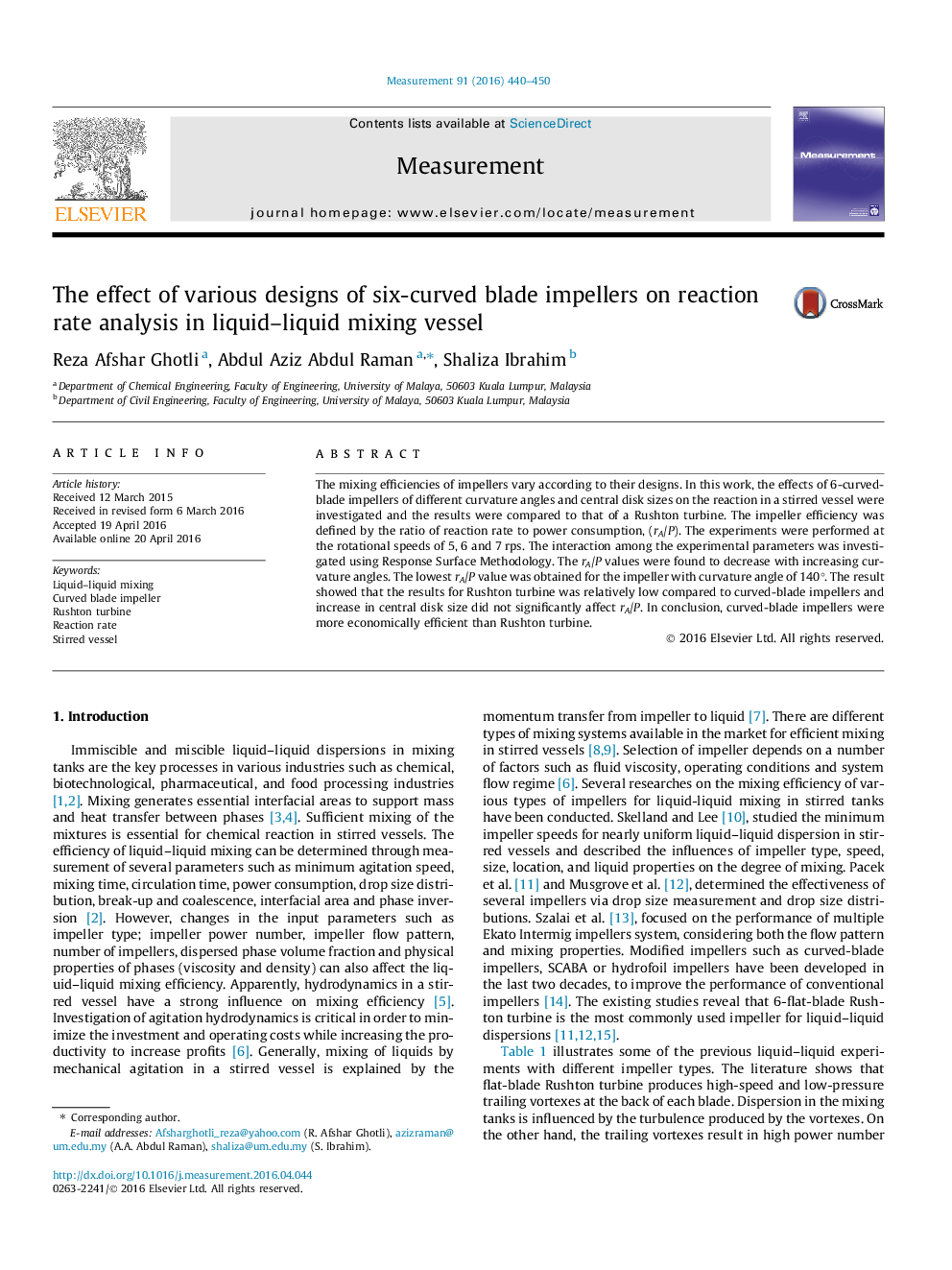 The effect of various designs of six-curved blade impellers on reaction rate analysis in liquid–liquid mixing vessel