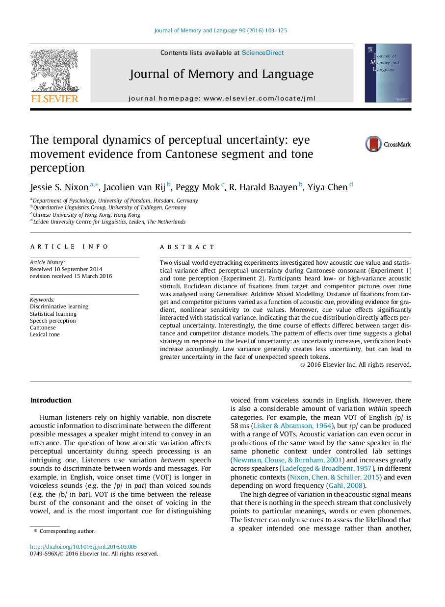 The temporal dynamics of perceptual uncertainty: eye movement evidence from Cantonese segment and tone perception