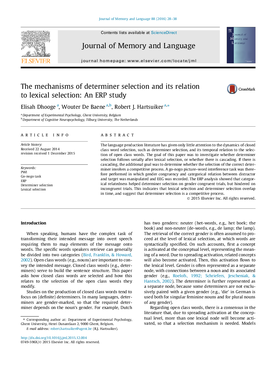 The mechanisms of determiner selection and its relation to lexical selection: An ERP study