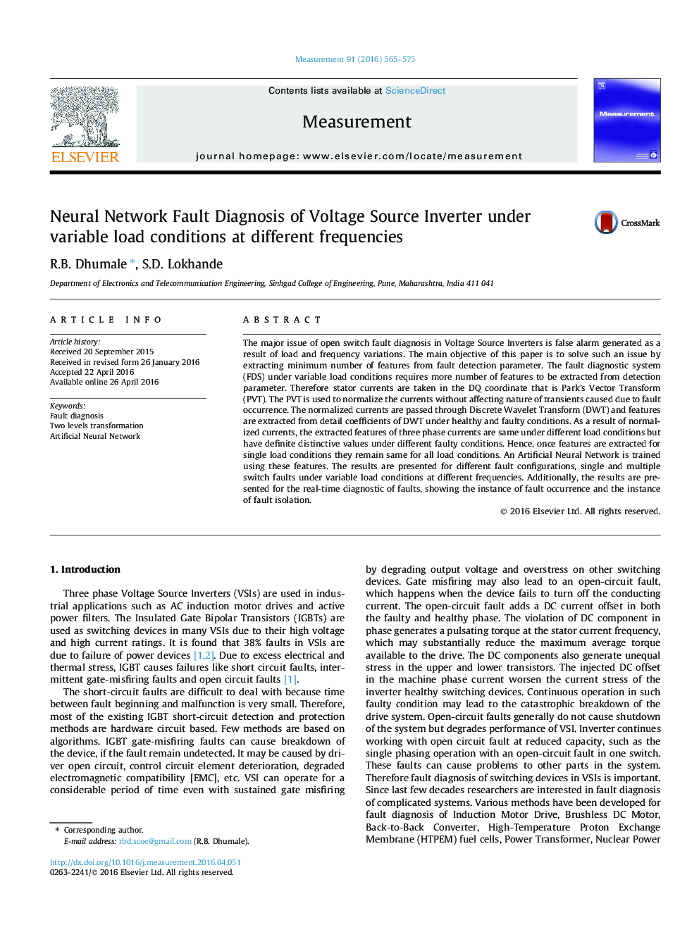 Neural Network Fault Diagnosis of Voltage Source Inverter under variable load conditions at different frequencies