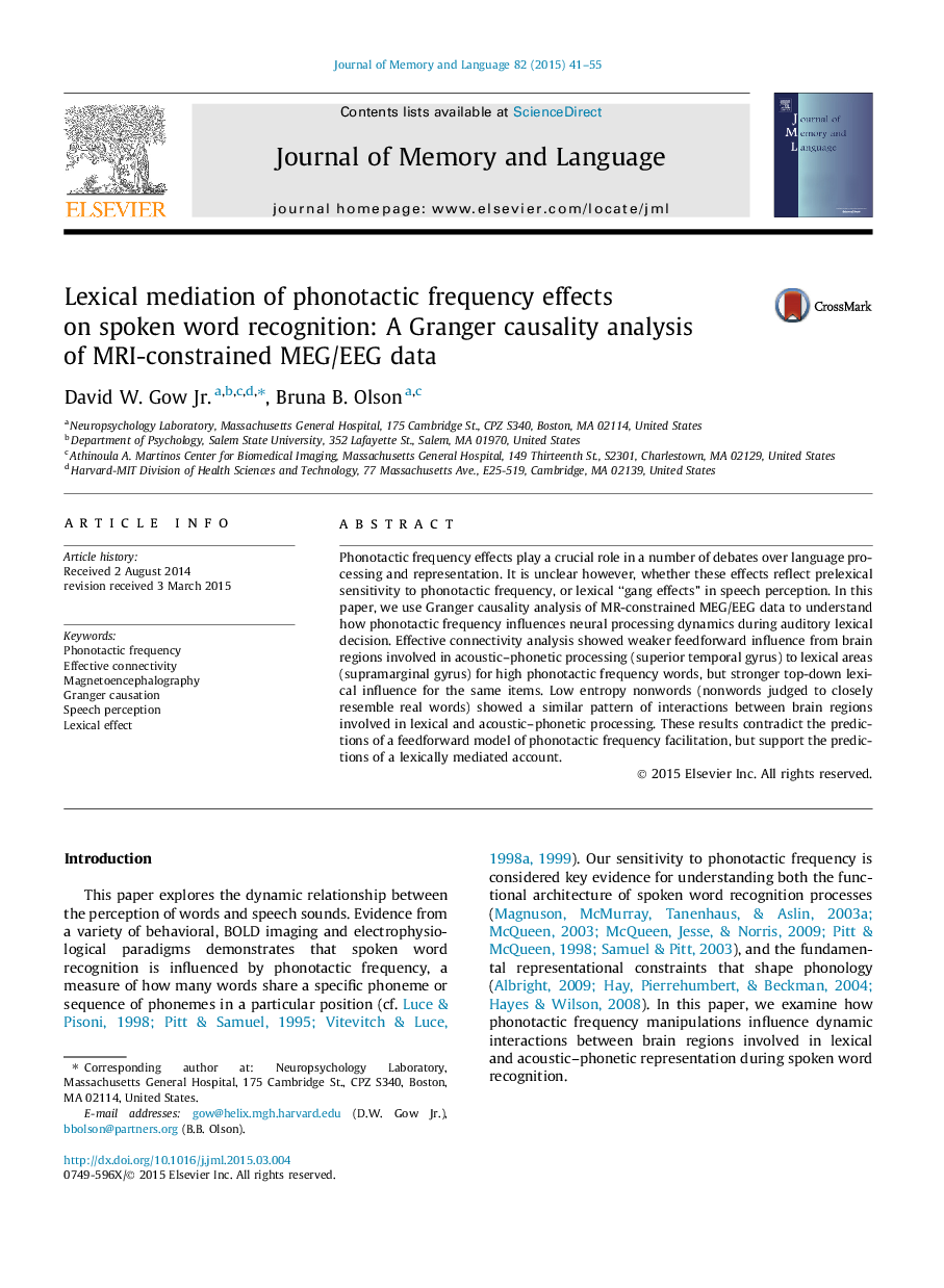 Lexical mediation of phonotactic frequency effects on spoken word recognition: A Granger causality analysis of MRI-constrained MEG/EEG data