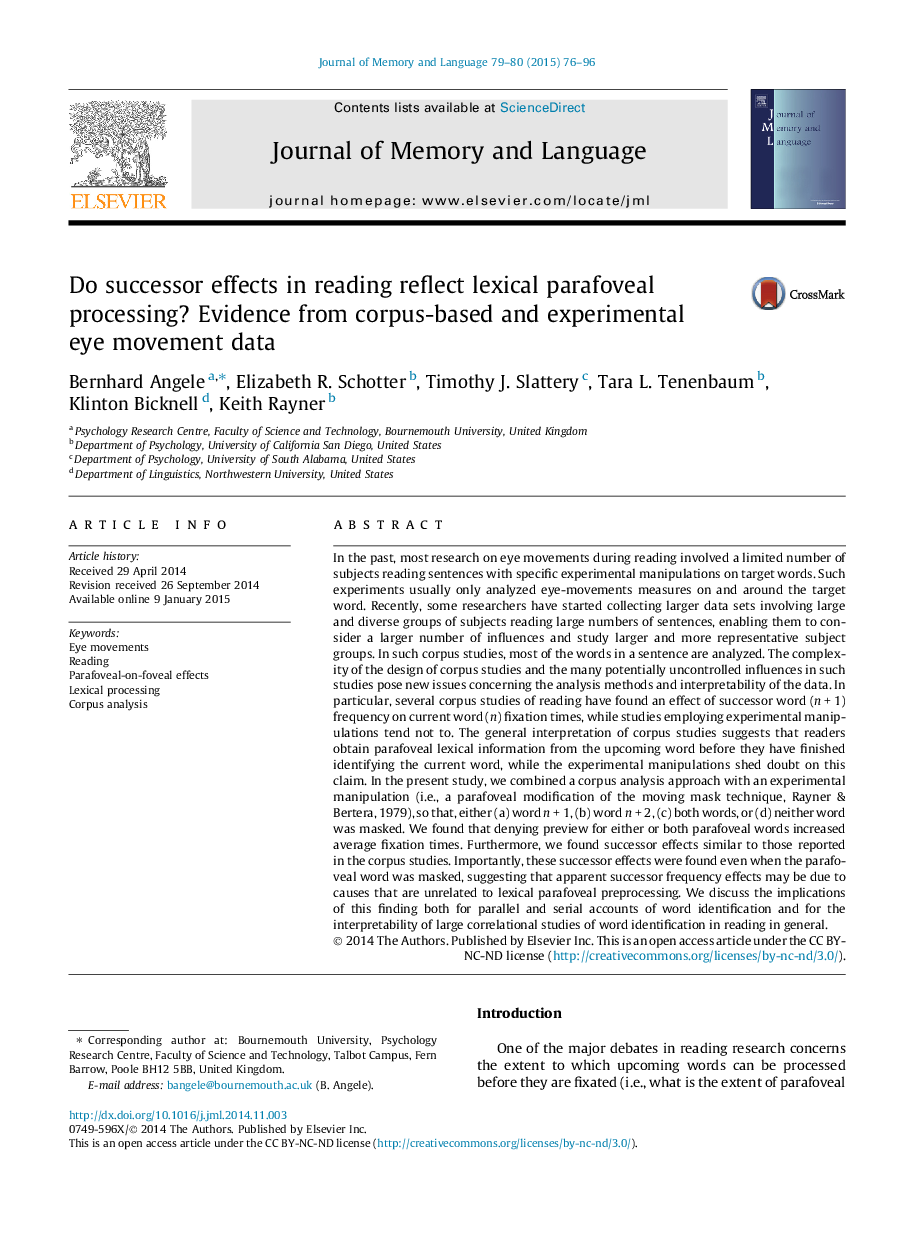 Do successor effects in reading reflect lexical parafoveal processing? Evidence from corpus-based and experimental eye movement data