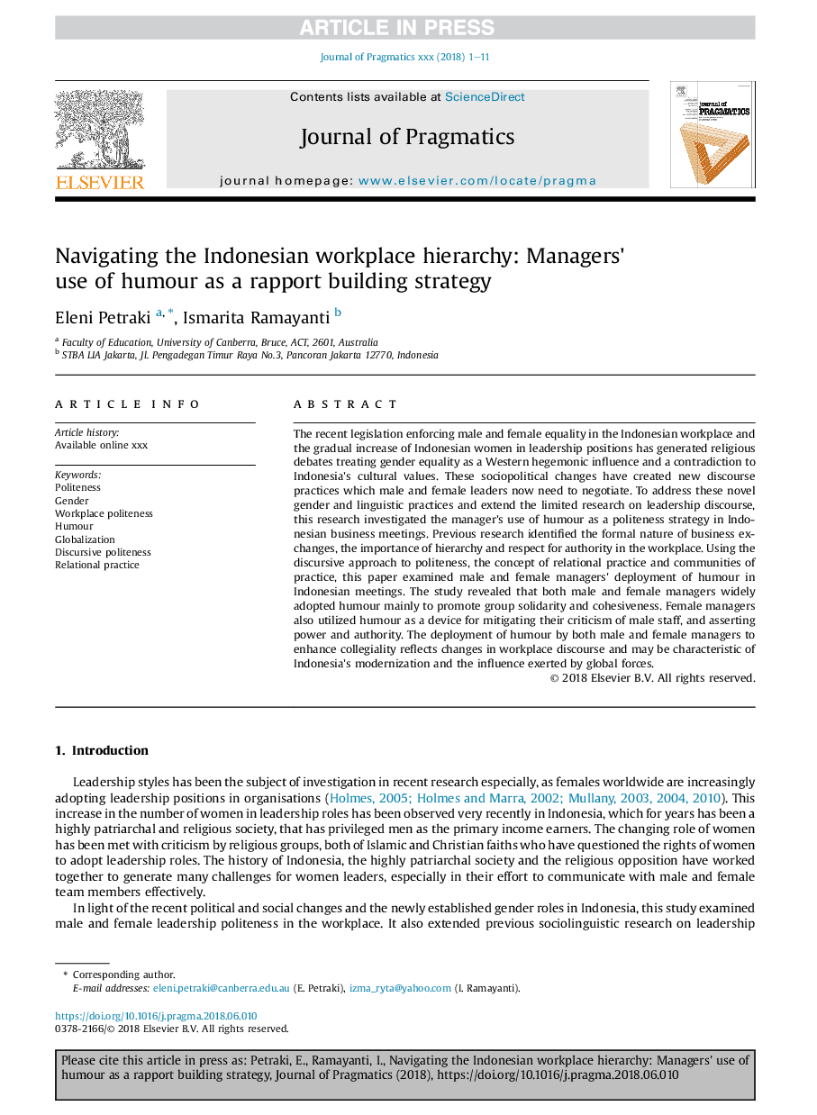 Navigating the Indonesian workplace hierarchy: Managers' use of humour as a rapport building strategy