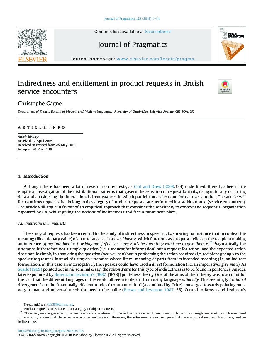 Indirectness and entitlement in product requests in British service encounters