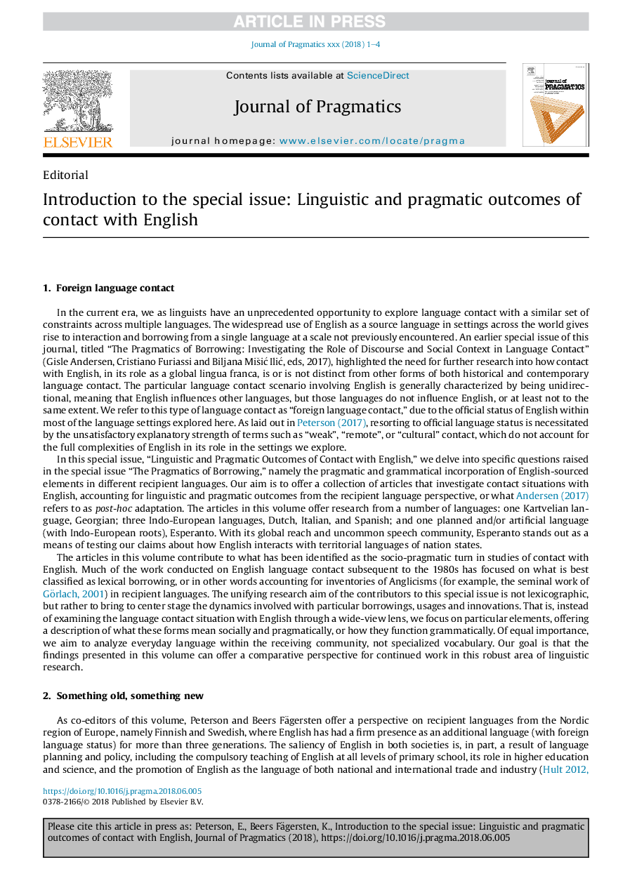 Introduction to the special issue: Linguistic and pragmatic outcomes of contact with English