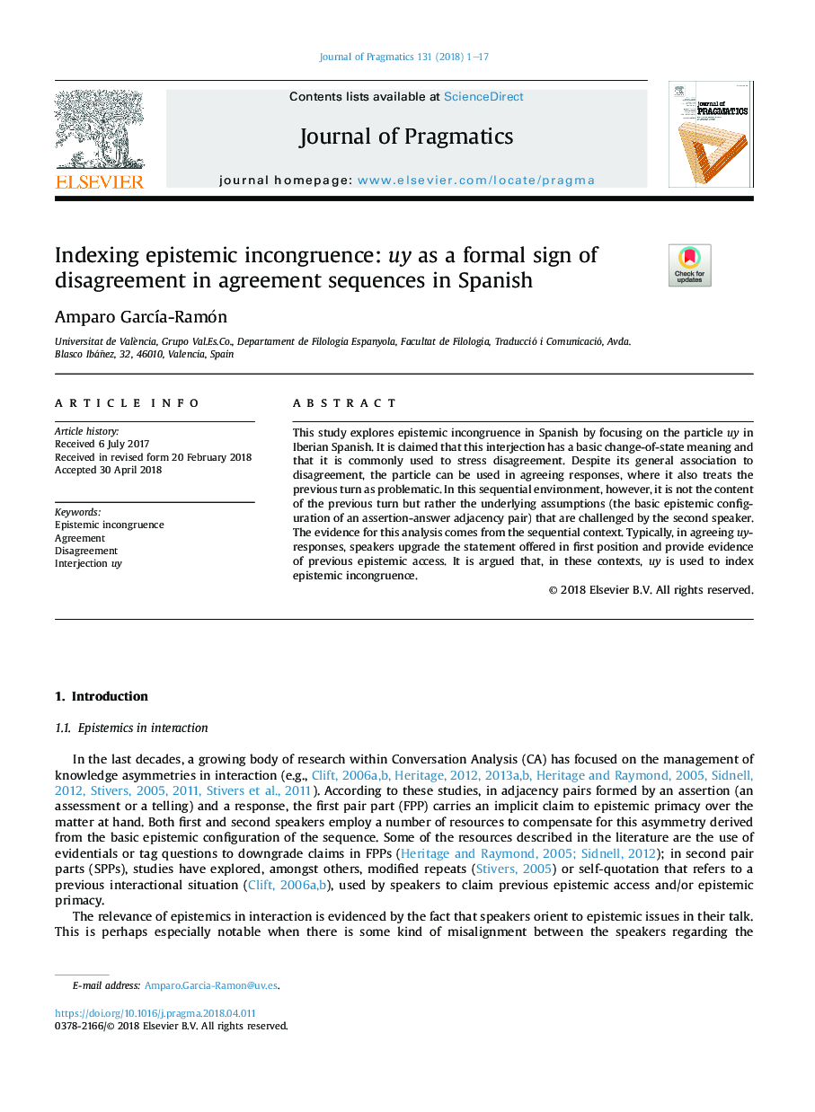 Indexing epistemic incongruence: uy as a formal sign of disagreement in agreement sequences in Spanish