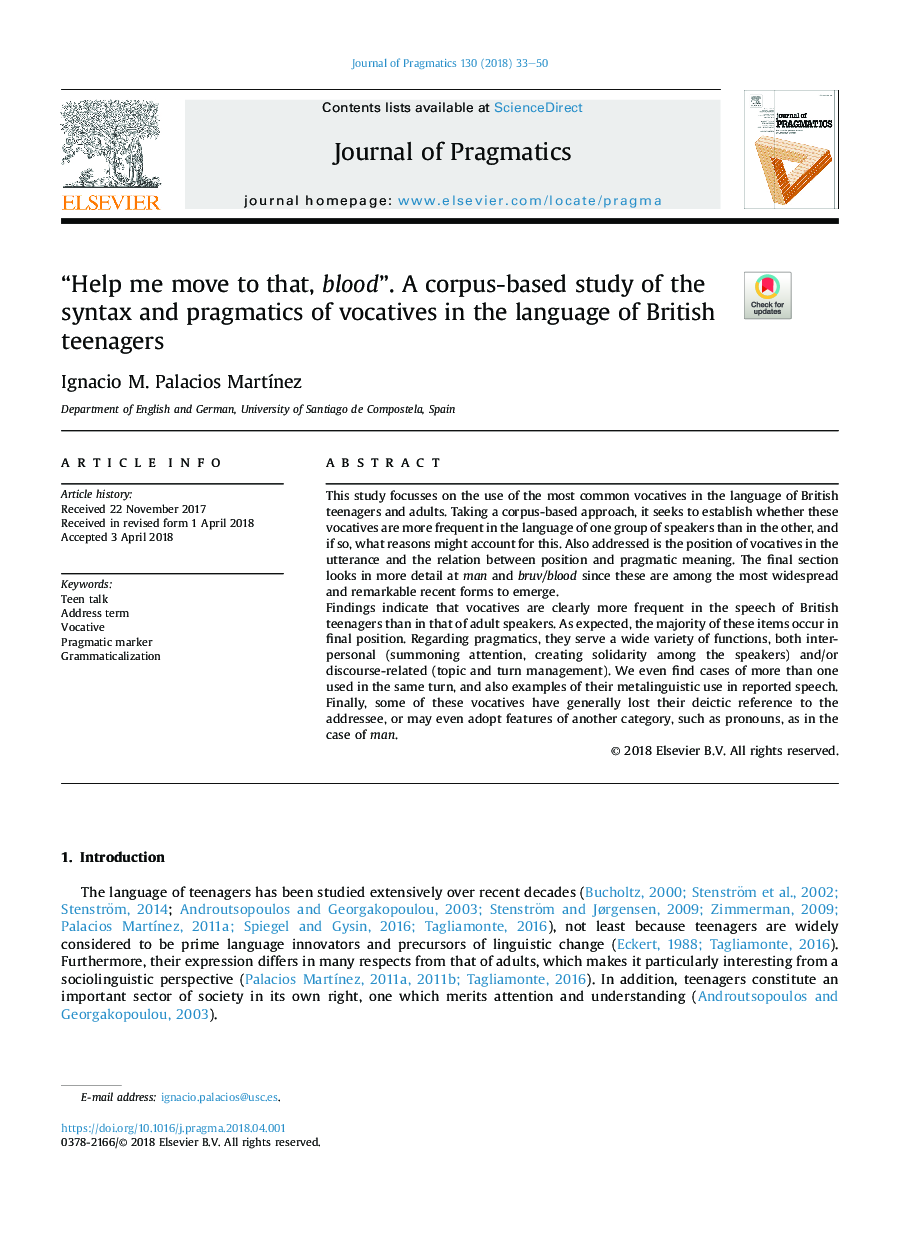 “Help me move to that, blood”. A corpus-based study of the syntax and pragmatics of vocatives in the language of British teenagers