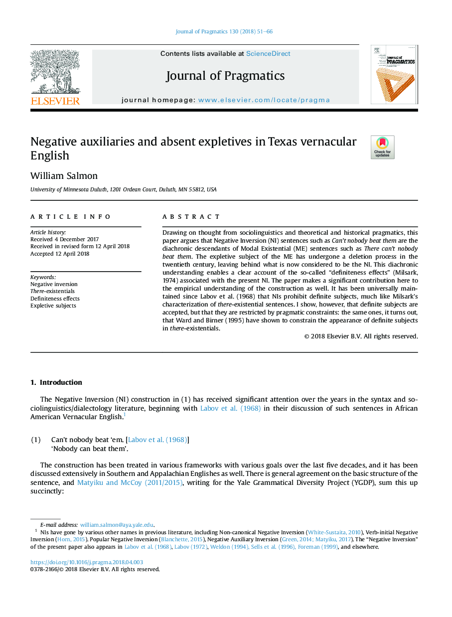 Negative auxiliaries and absent expletives in Texas vernacular English