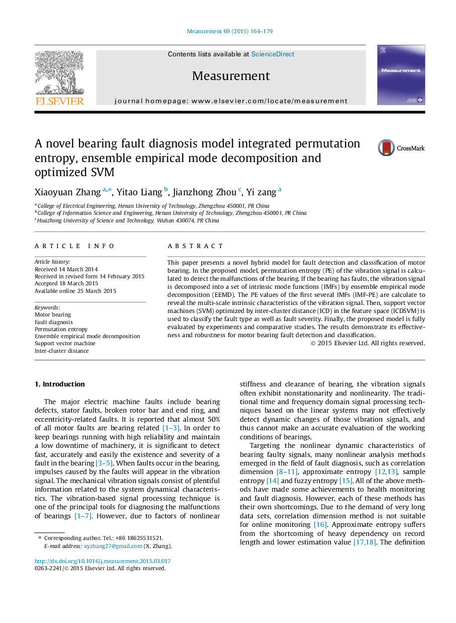 A novel bearing fault diagnosis model integrated permutation entropy, ensemble empirical mode decomposition and optimized SVM