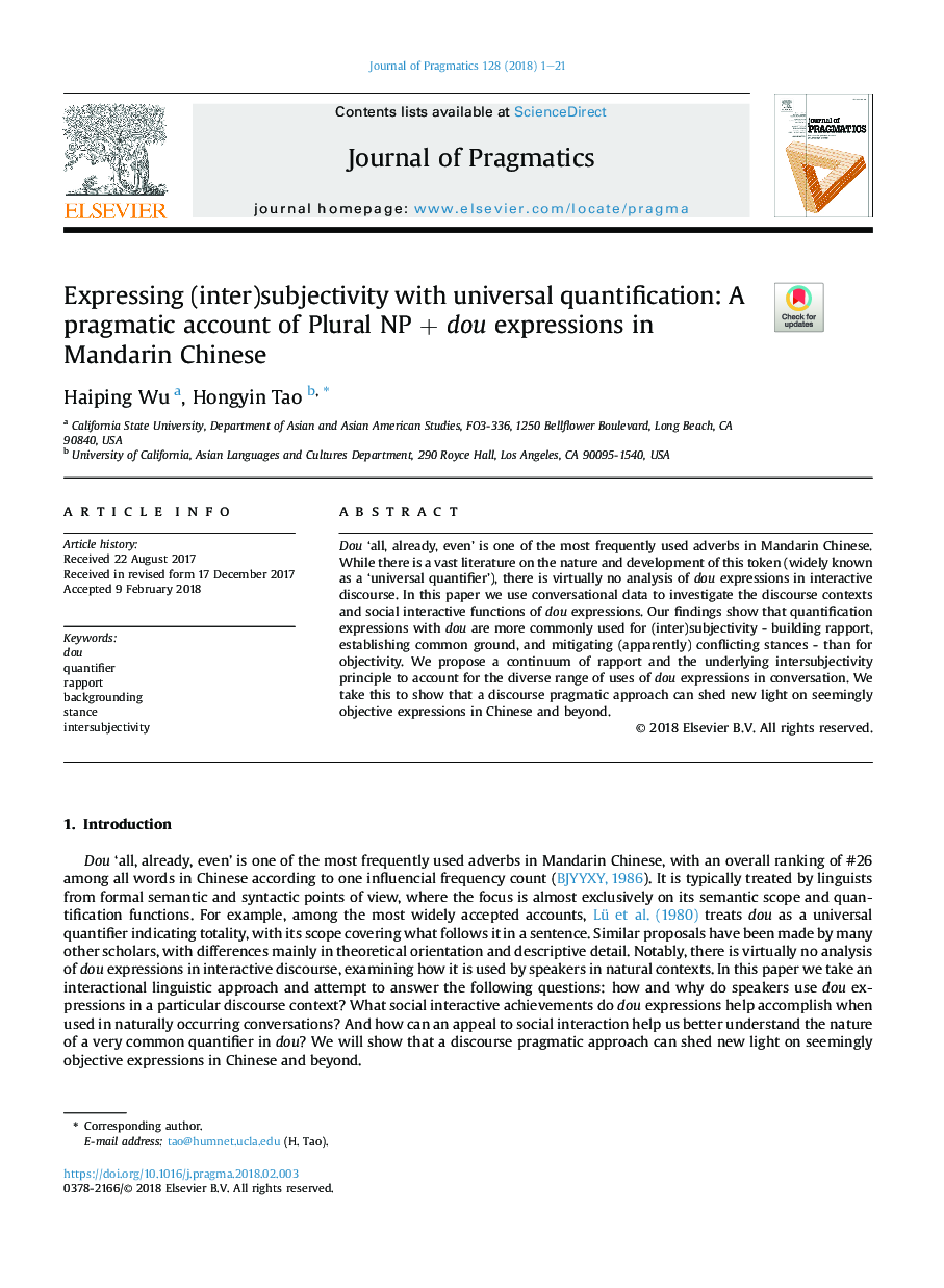 Expressing (inter)subjectivity with universal quantification: A pragmatic account of Plural NP + dou expressions in Mandarin Chinese