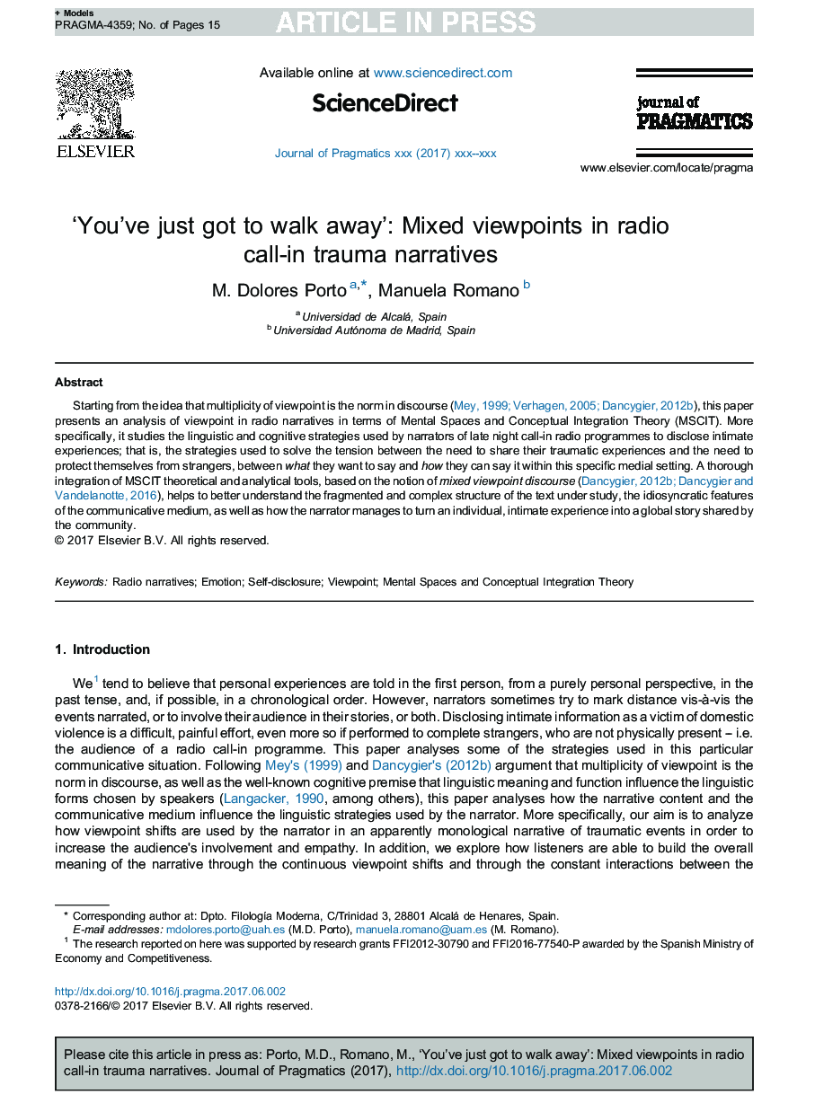 'You've just got to walk away': Mixed viewpoints in radio call-in trauma narratives