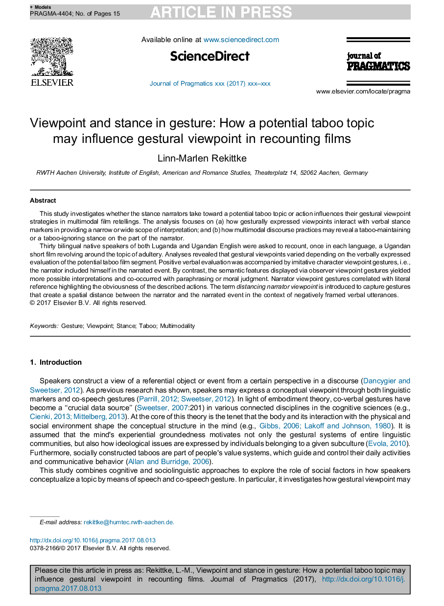 Viewpoint and stance in gesture: How a potential taboo topic may influence gestural viewpoint in recounting films