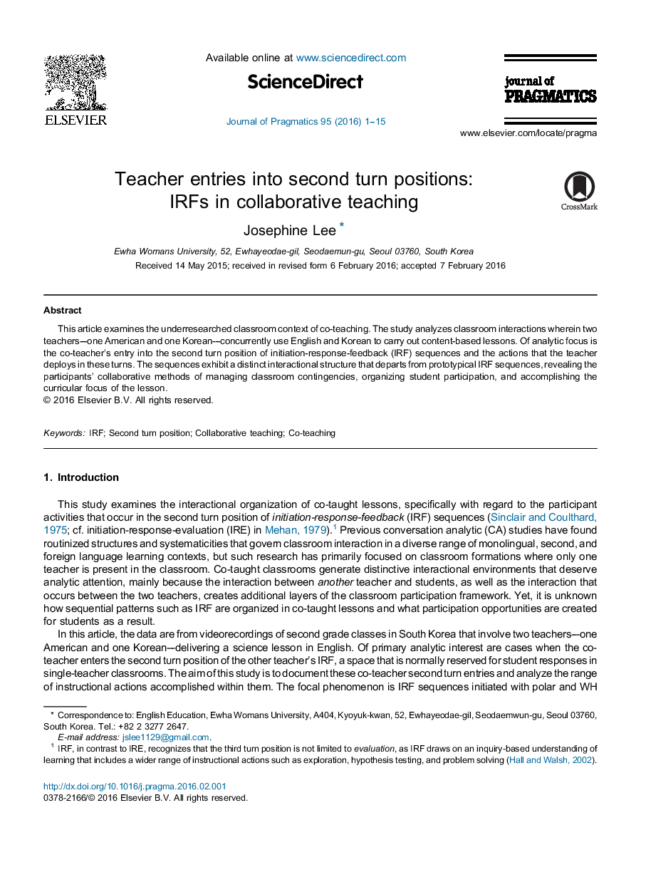 Teacher entries into second turn positions: IRFs in collaborative teaching