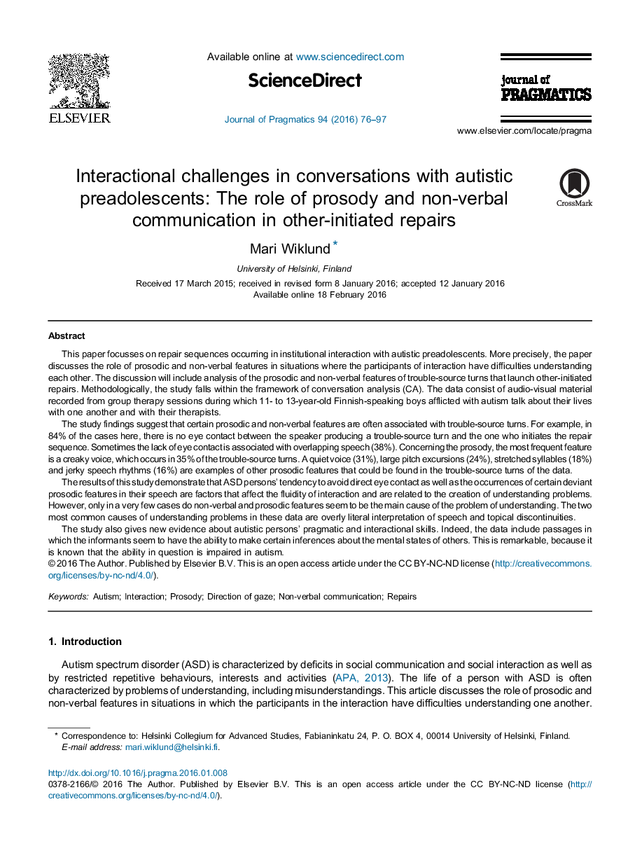 Interactional challenges in conversations with autistic preadolescents: The role of prosody and non-verbal communication in other-initiated repairs