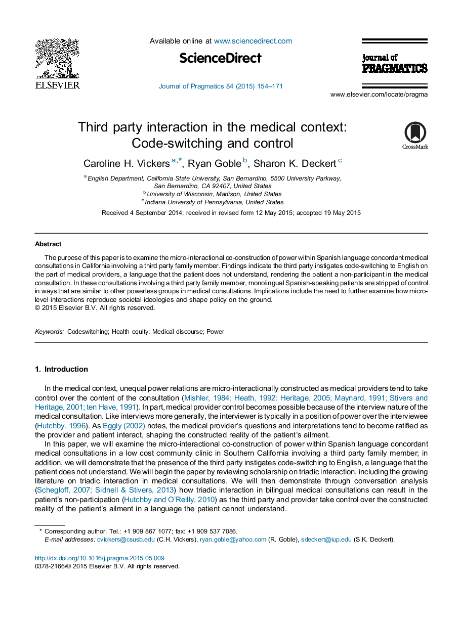 Third party interaction in the medical context: Code-switching and control