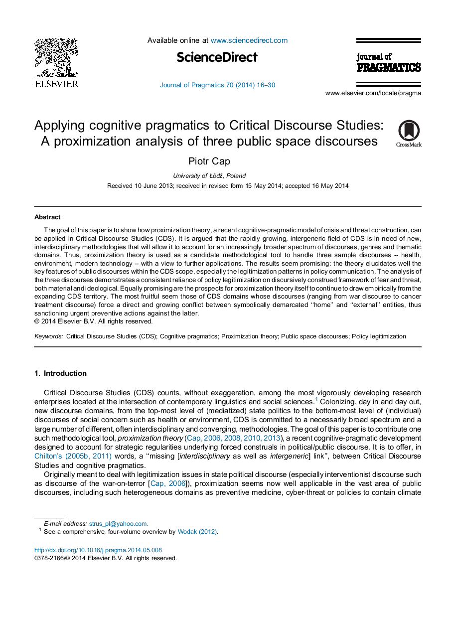 Applying cognitive pragmatics to Critical Discourse Studies: A proximization analysis of three public space discourses