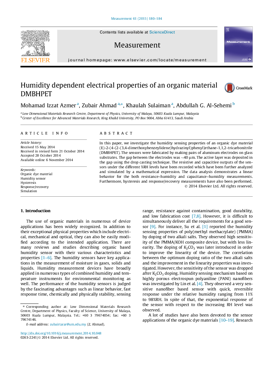 Humidity dependent electrical properties of an organic material DMBHPET