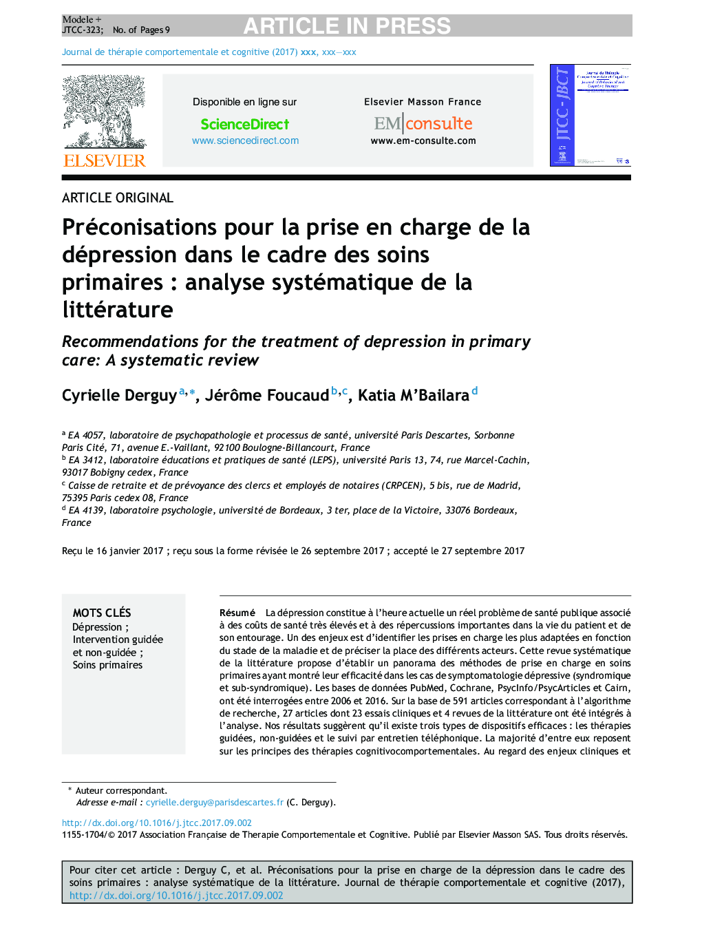 Préconisations pour la prise en charge de la dépression dans le cadre des soins primairesÂ : analyse systématique de la littérature