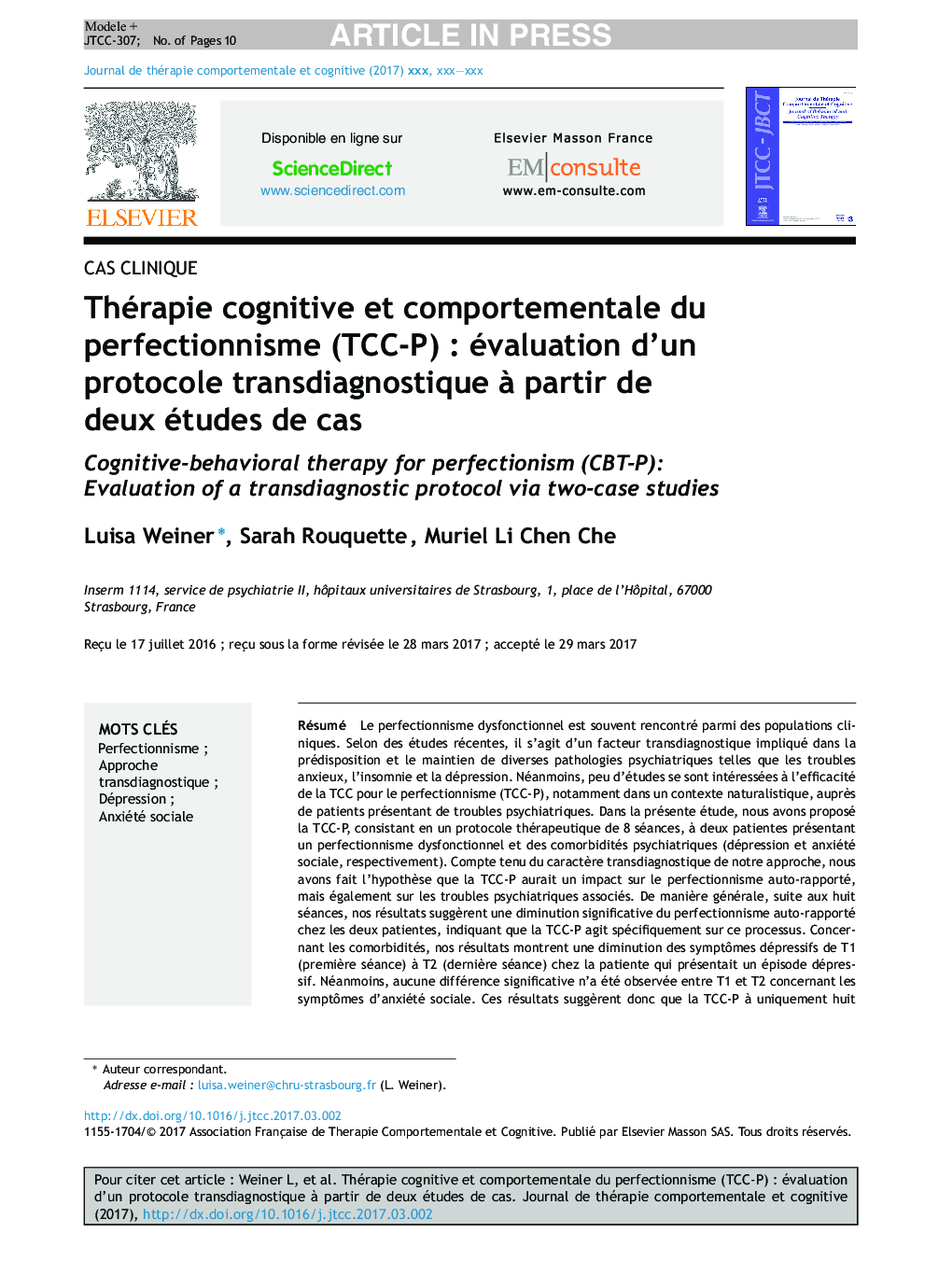 Thérapie cognitive et comportementale du perfectionnisme (TCC-P)Â : évaluation d'un protocole transdiagnostique Ã  partir de deux études de cas