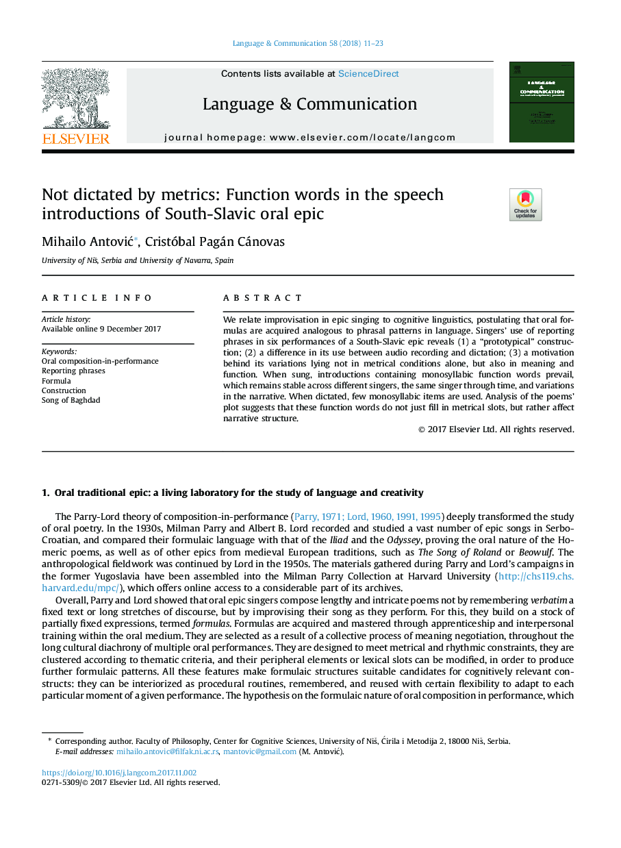 Not dictated by metrics: Function words in the speech introductions of South-Slavic oral epic