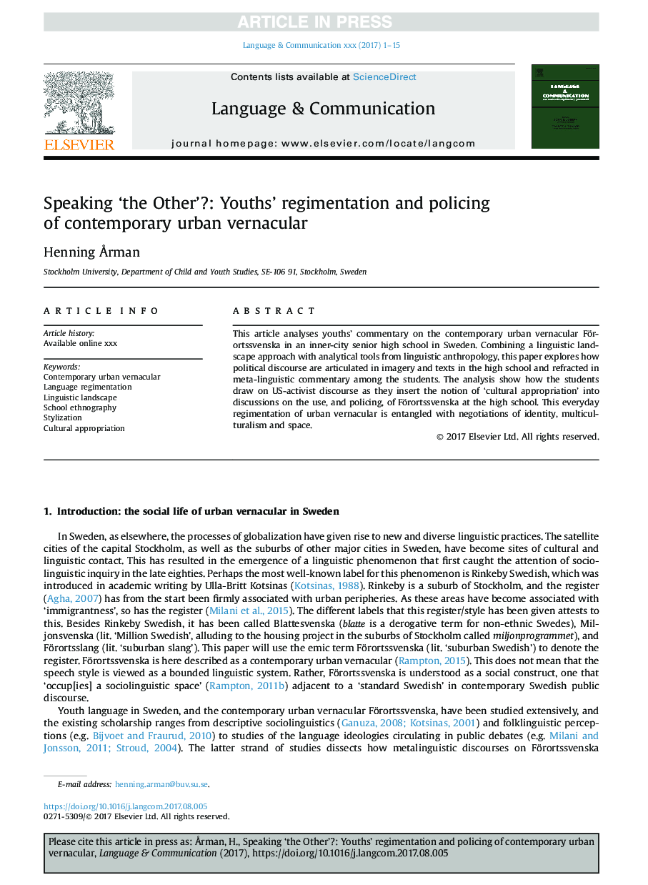 Speaking 'the Other'?: Youths' regimentation and policing ofÂ contemporary urban vernacular