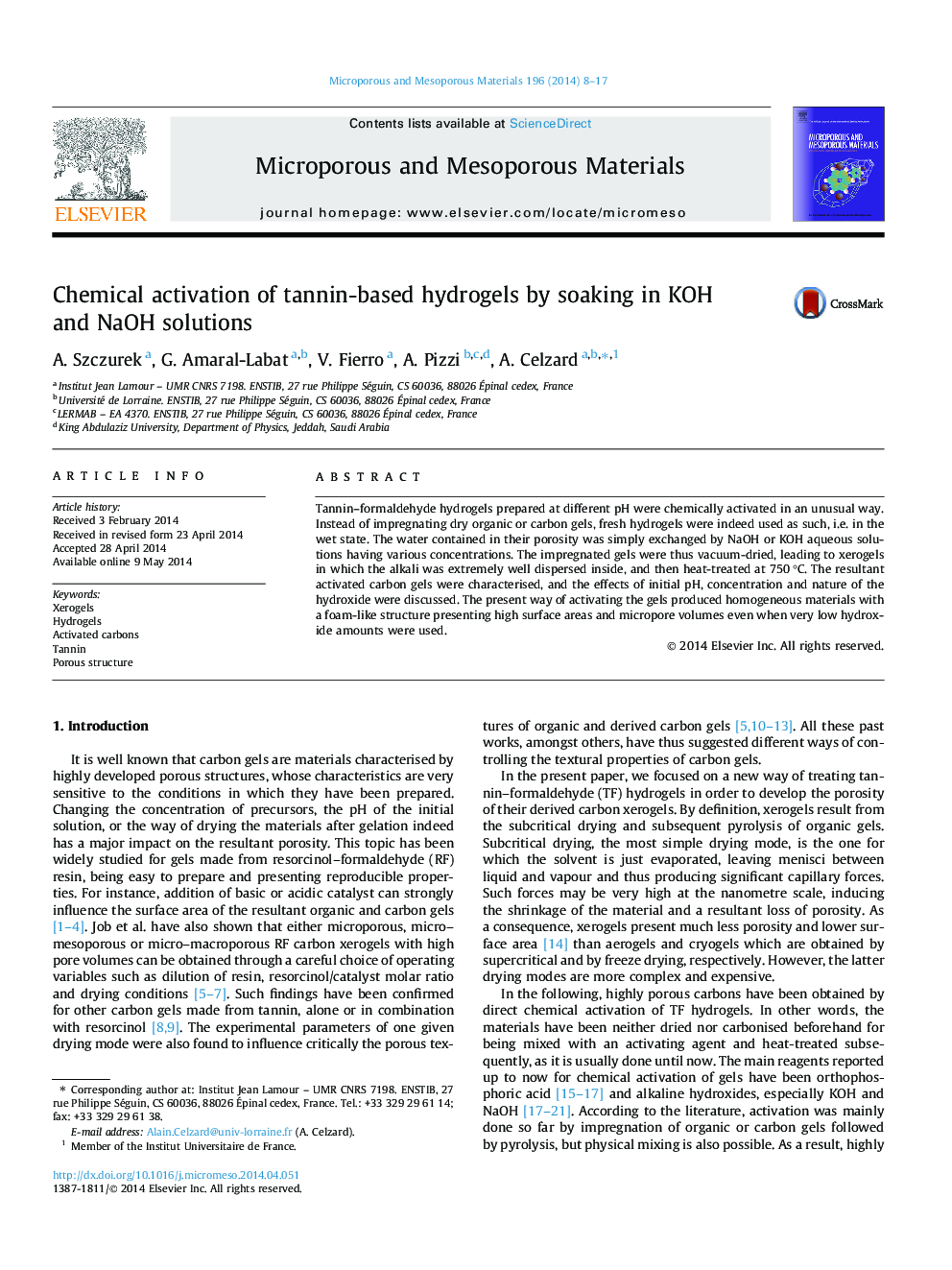 Chemical activation of tannin-based hydrogels by soaking in KOH and NaOH solutions